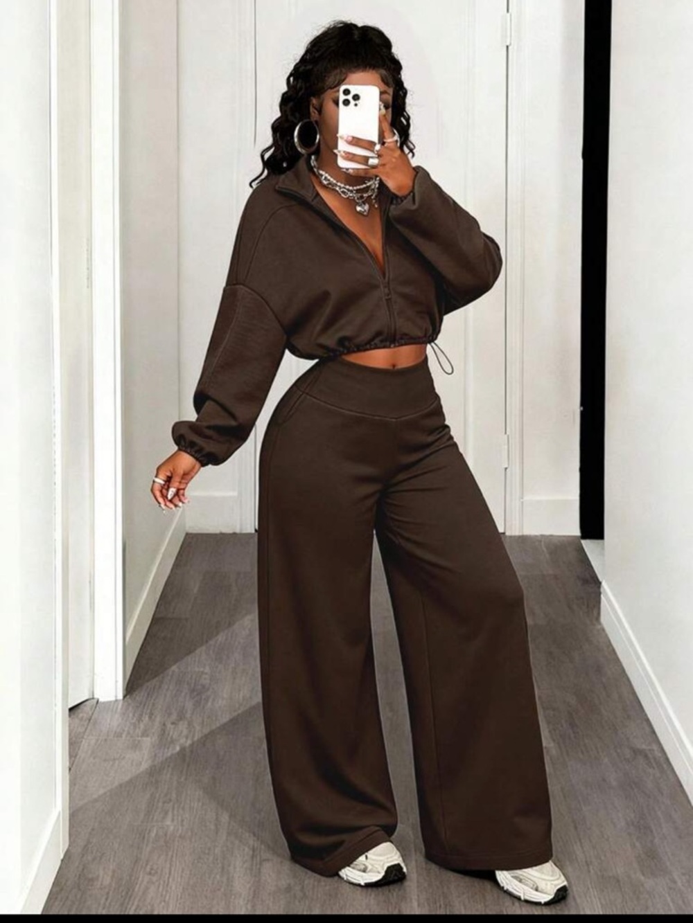 Brown Wide-Leg Sweatpants & Cropped Zip Jacket Set
